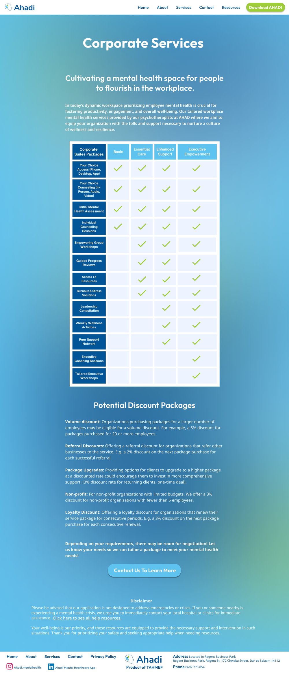The AHADI Corporate Services page: a headline about cultivating a workplace mental-health space, a table comparing Basic, Essential Care, Enhanced Support, and Executive Empowerment packages, and a list of potential discount packages.