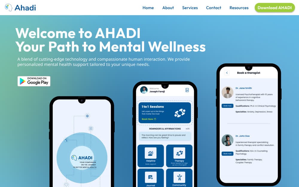 The top of the finished AHADI homepage: the nav bar (logo, menu, green “Download AHADI” button) above the blue-to-green hero “Welcome to AHADI: Your Path to Mental Wellness”, with the app shown on three phones.