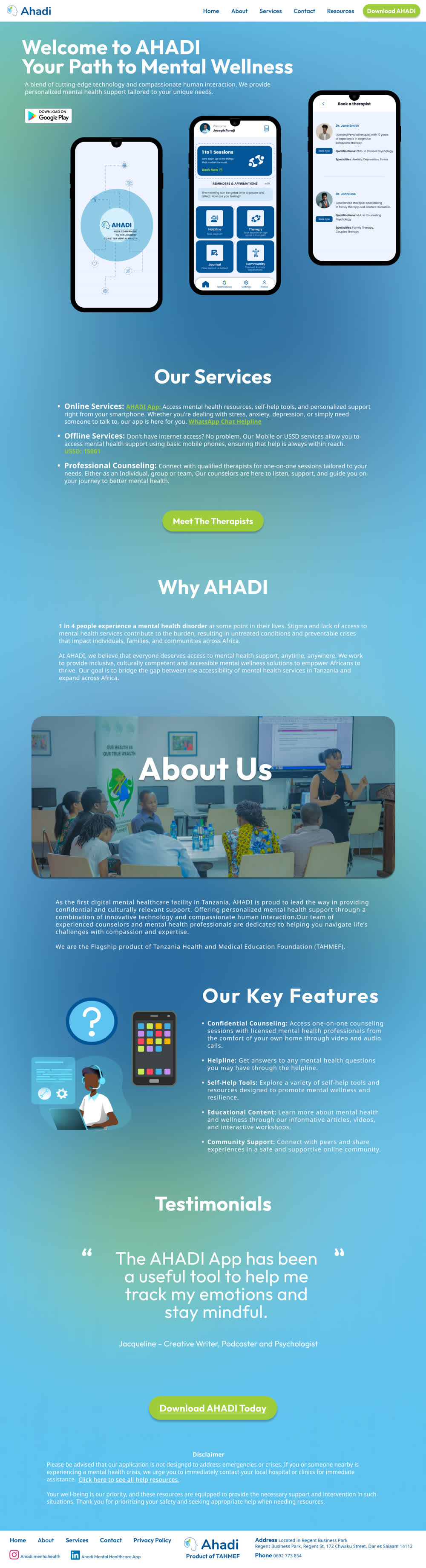 AHADI homepage: a blue-to-green gradient with the headline “Your Path to Mental Wellness”, the app shown on three phones, the list of services, a “Why AHADI” section, and a green “Download AHADI” button.