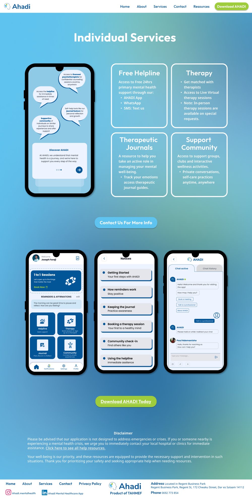 The AHADI Individual Services page: a phone ringed with speech bubbles describing the helpline, journal, and community features, beside cards for a free helpline, therapy, therapeutic journals, and a support community, with app screens shown below.