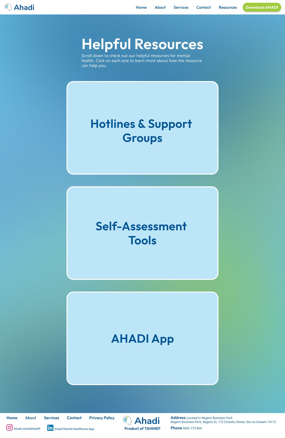 The AHADI Helpful Resources page: three large cards for Hotlines & Support Groups, Self-Assessment Tools, and the AHADI App.