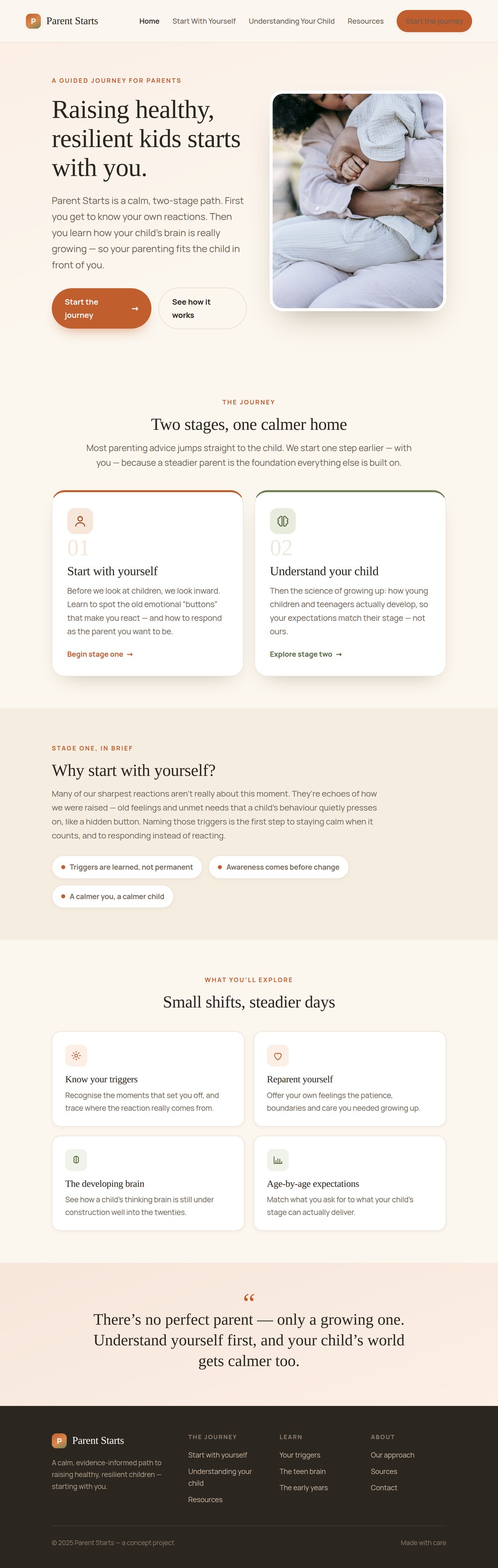 Parent Starts homepage: a warm hero reading “Raising healthy, resilient kids starts with you”, the two-stage journey as side-by-side cards, and a reassuring closing quote.