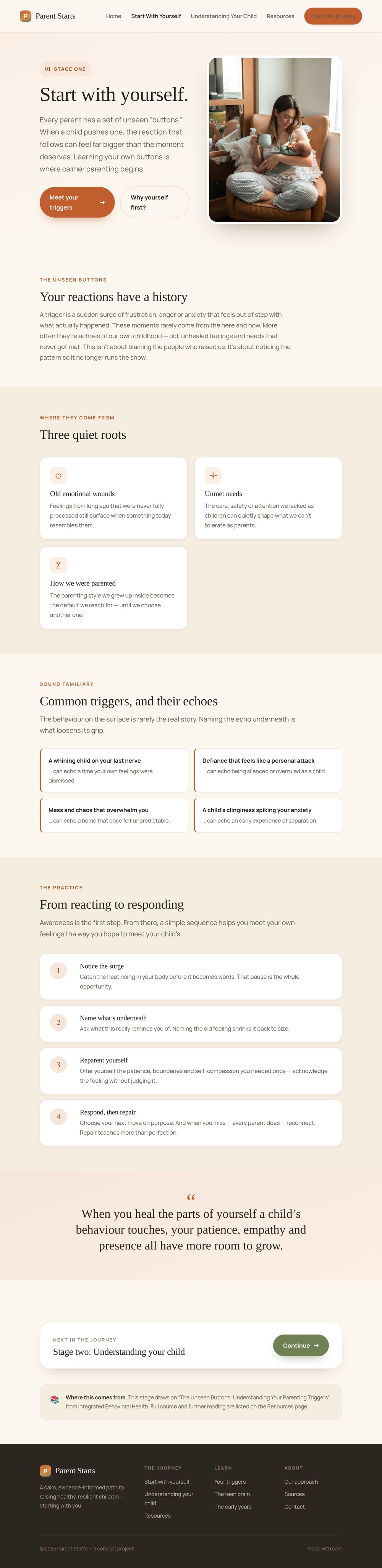 Start With Yourself screen: parenting triggers explained as unseen “buttons”, their roots, common examples, and a five-step move from reacting to responding.